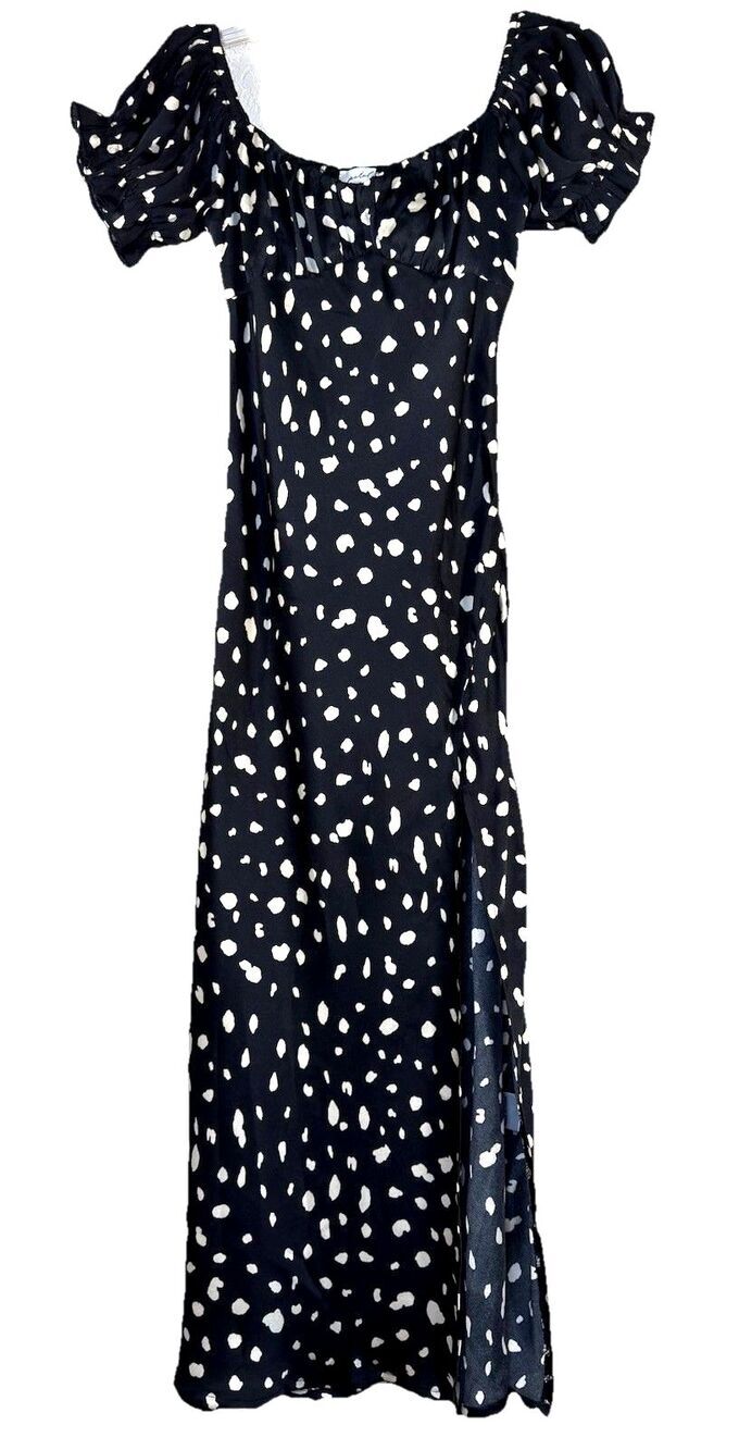 Petal & Pup Off the Shoulder Polka Dot Midi Dress 4 Black White Puff Sleeve Slit
